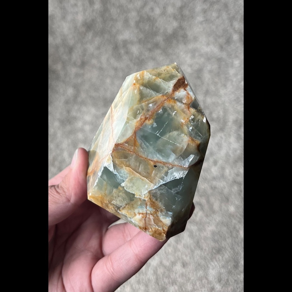 Lemurian Aquatine Calcite/Brazilian Blue Onyx Point (Polished) - Picture 9 of 17